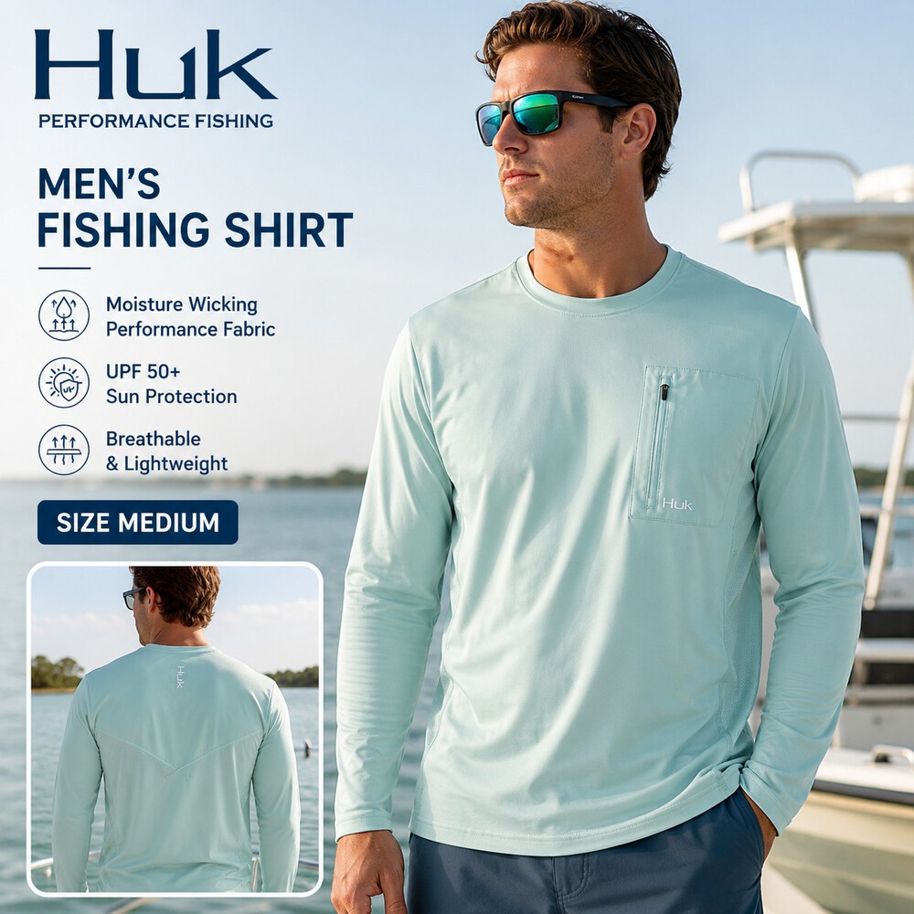 HUK Fishing Shirt Mens M Lime Green Long Sleeve Zip Pocket Crewneck Light Beach